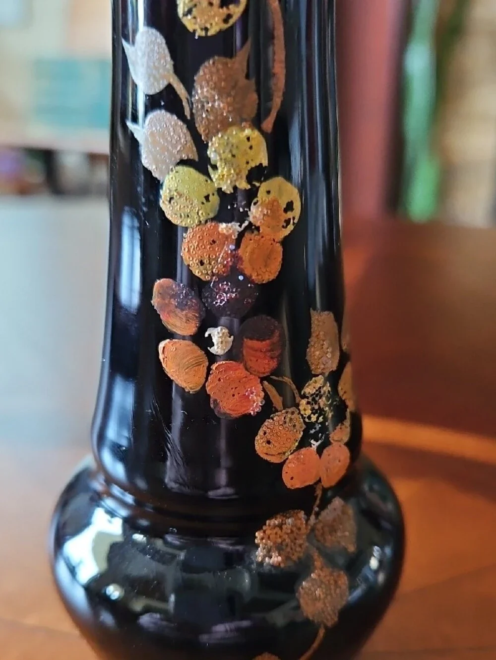 Art Deco Black Amethyst Hand Painted Enamel Floral Gold Ruffled Fluted Bud Vase